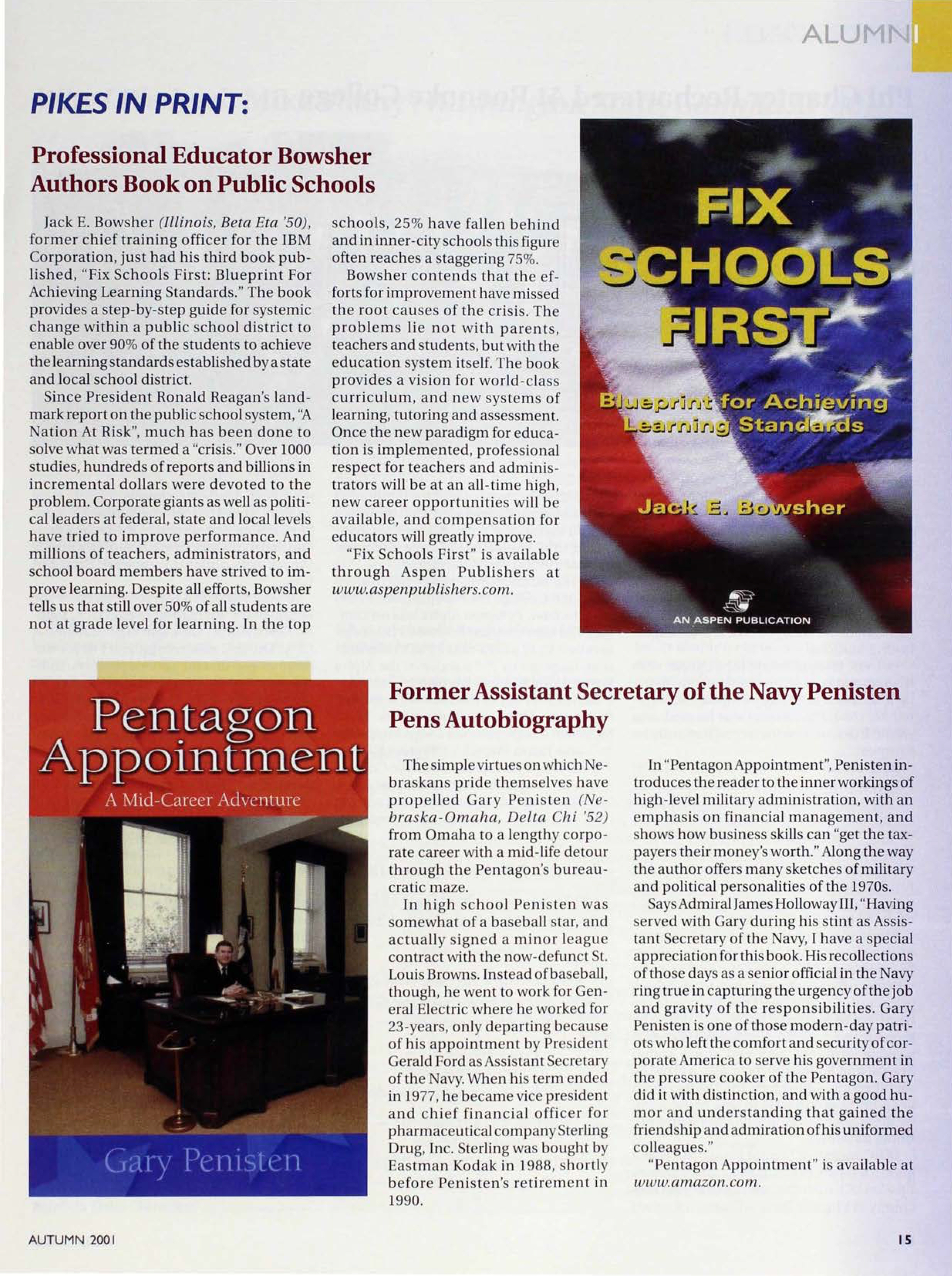 Alumni: Pikes In Print, Autumn 2001